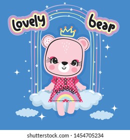 Cute teddy bear girl in beautiful pink dress sitting top on the cloud with rainbow on blue background illustration vector.