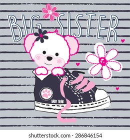 cute teddy bear girl big sister, T-shirt design vector illustration