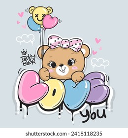 Dibujo de una chica de peluche sosteniendo globos coloridos con texto que te ama al estilo burbuja en un vector de ilustración aislado de fondo.