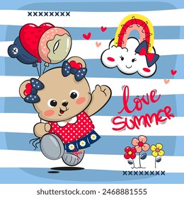 Cute teddy bear girl cartoon in a red dress holding a balloons and waving her hand while greeting summer on striped background illustration vector.