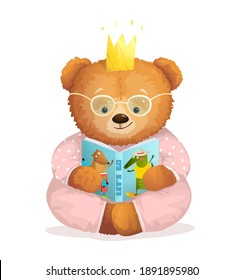 Cute Teddy Bear girl for children sitting reading book story wearing crown like a little princess. Fashionable realistic print vector design for kids and adults reading books.