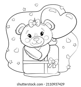 Cute teddy bear girl coloring  with a balloon in the shape of a heart and a gift. Teddy bear on a white background with hearts. Vector cartoon outline illustration for Valentine's day or birthday.