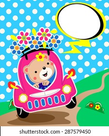 Cute teddy bear girl and happy driver on the road vector.