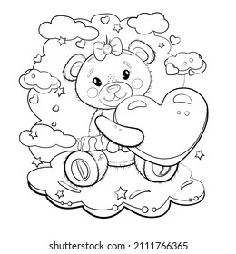 Cute teddy bear  girl with a hear in her paws. Teddy bear on a cloud  background with stars. Vector cartoon outline  illustration for Valentine's day or birthday.