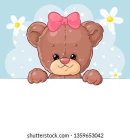 Cute Teddy bear girl on a blue background with flowers with a banner. Children's character