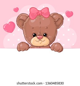 Cute Teddy bear girl on a pink background with hearts with a banner. Children's character