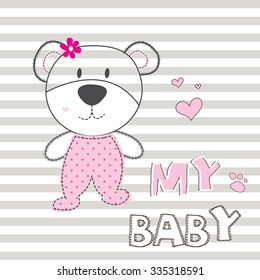 cute teddy bear girl on striped background vector illustration