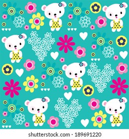 cute teddy bear girl pattern flower background vector illustration