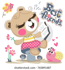 Cute teddy bear girl reading book with friends isolated on white background illustration vector.