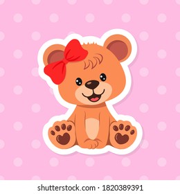 Cute teddy bear girl sticker on pink background. Vector illustration