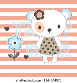 cute teddy bear girl vector illustration, T-shirt graphics design for girls
