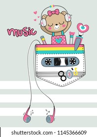 Cute teddy bear girl wearing headphones and listening to music in the pocket on gray background illustration vector, T-shirt design for kids.