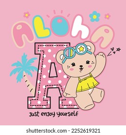 Cute teddy bear girl wearing a yellow plain camisole shirt waving with hand on the beach, Hello summer cards in vector, Aloha slogan print on isolated background illustration.
