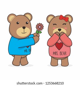 Cute teddy bear give a flower to his love vector 