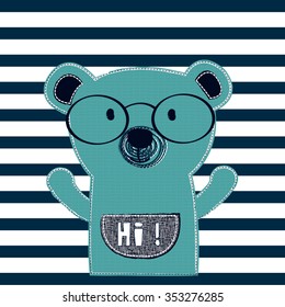 cute teddy bear with glasses on striped background, T-shirt design vector illustration