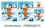 Cute teddy bear goes skiing in the snowy winter forest. Find differences, education game for children. Flat vector illustration.