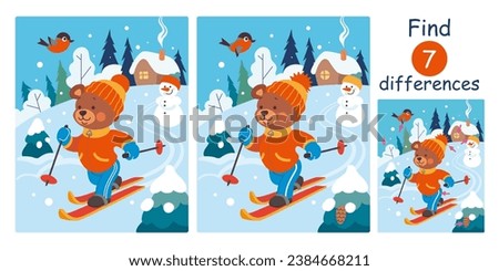 Cute teddy bear goes skiing in the snowy winter forest. Find differences, education game for children. Flat vector illustration.