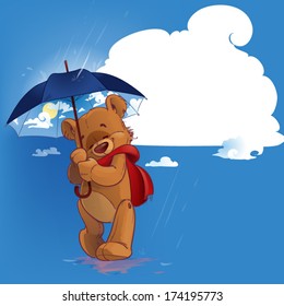 cute teddy bear goes under the umbrella 