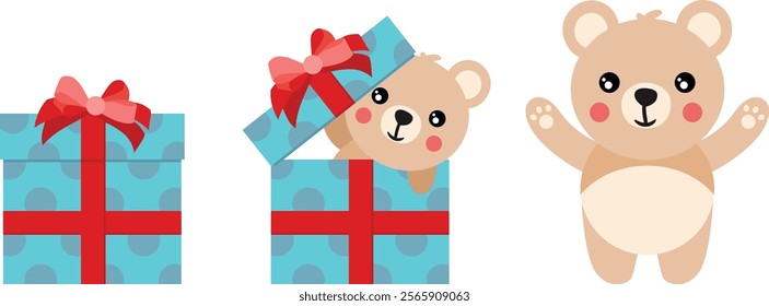 Cute teddy bear going out of blue birthday gift with red ribbon bow