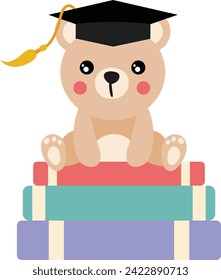 Cute teddy bear with graduation cap sitting on top of books svg