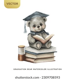 Cute teddy bear graduation watercolor isolated on white background. University or student kids bear vector illustration