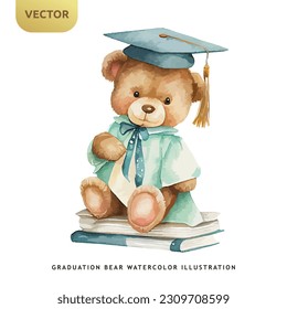 Cute teddy bear graduation watercolor isolated on white background. University or student kids bear vector illustration