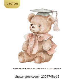 Cute teddy bear graduation watercolor isolated on white background. University or student kids bear vector illustration