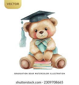 Cute teddy bear graduation watercolor isolated on white background. University or student kids bear vector illustration