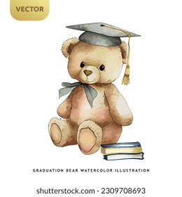 Cute teddy bear graduation watercolor isolated on white background. University or student kids bear vector illustration