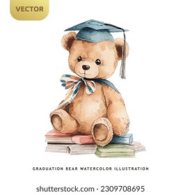 Cute teddy bear graduation watercolor isolated on white background. University or student kids bear vector illustration