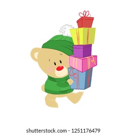 Cute teddy bear in green hat and sweater carrying gifts. Gift delivery concept. Vector illustration can be used for topics like winter holidays, Christmas, New year