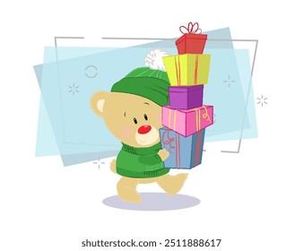 Cute teddy bear in green hat and sweater carrying gifts. Gift delivery concept. Vector illustration can be used for topics like winter holidays, Christmas, New year