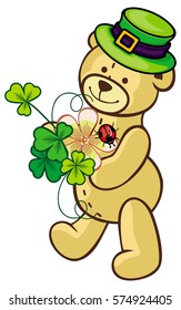 Cute teddy bear in green hat and shamrock. Vector clip art.