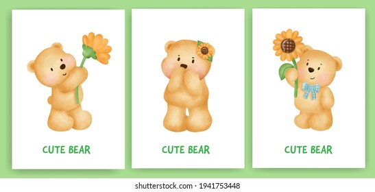 Cute teddy bear greeting card set in water color style.