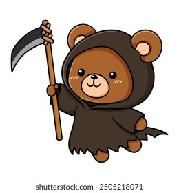 Cute Teddy Bear Grim Reaper Cartoon Character Holding Scythe