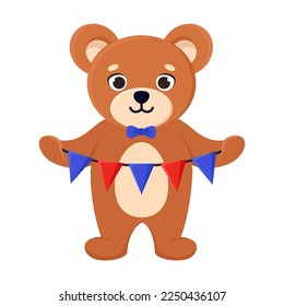 Cute teddy bear hanging colorful flags on a rope, cartoon character vector illustration. Comic bear with blue elements for scrapbook or decoration, baby gender reveal on white