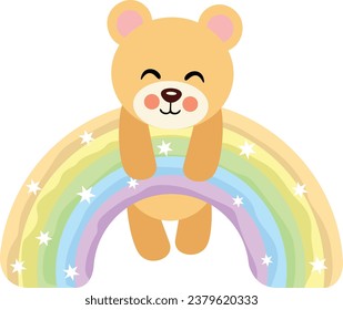 Cute teddy bear hanging on magic rainbow
