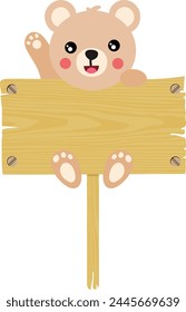 Cute teddy bear hanging on an empty wooden board