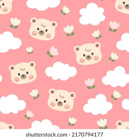 Cute Teddybär, glückliches Gesicht mit Wolken und Blumen auf rosafarbenem Hintergrund. Kawaii-Tiere Kinder nahtlos Muster, Gewebe und Stoffdruck-Design