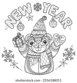 Cute Teddy bear and Happy New Year hand drawn for adult coloring book