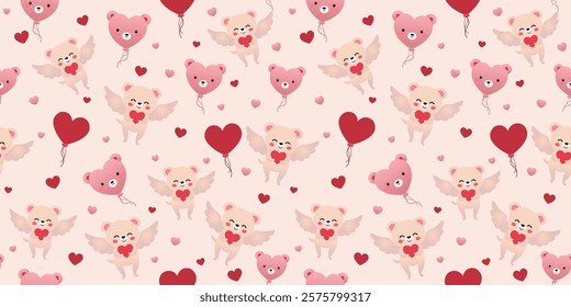 The Cute Teddy Bear has wings holding red hearts and balloons in a seamless pattern to celebrate Valentine's Day.