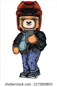 Cute teddy bear with hat and blue jeans. Cool boy selfie