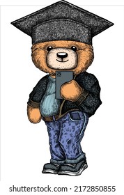Cute teddy bear with hat and blue jeans. Cool boy selfie