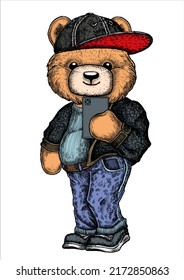 Oso de peluche con sombrero y vaqueros azules. Cool boy selfie