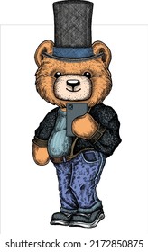 Cute teddy bear with hat and blue jeans. Cool boy selfie