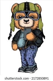 Teddybär mit Hut und blauer Jeans. Cool-Boy-Selfie