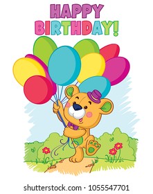 A cute teddy bear in a hat with colorful balloons goes on a birthday vector color