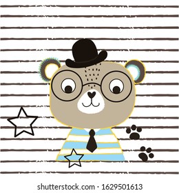 cute teddy bear in hat on striped background, T-shirt graphics design for kids