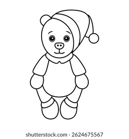 Cute Teddy Bear in Hat Outline Vector Illustration. Black and white vector illustration of a teddy bear wearing a soft hat with a pom-pom.