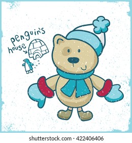 Cute teddy bear with a hat and scarf. Print design for jersey fabrics. Artwork idea for baby products. winter artwork for kids. Vector design